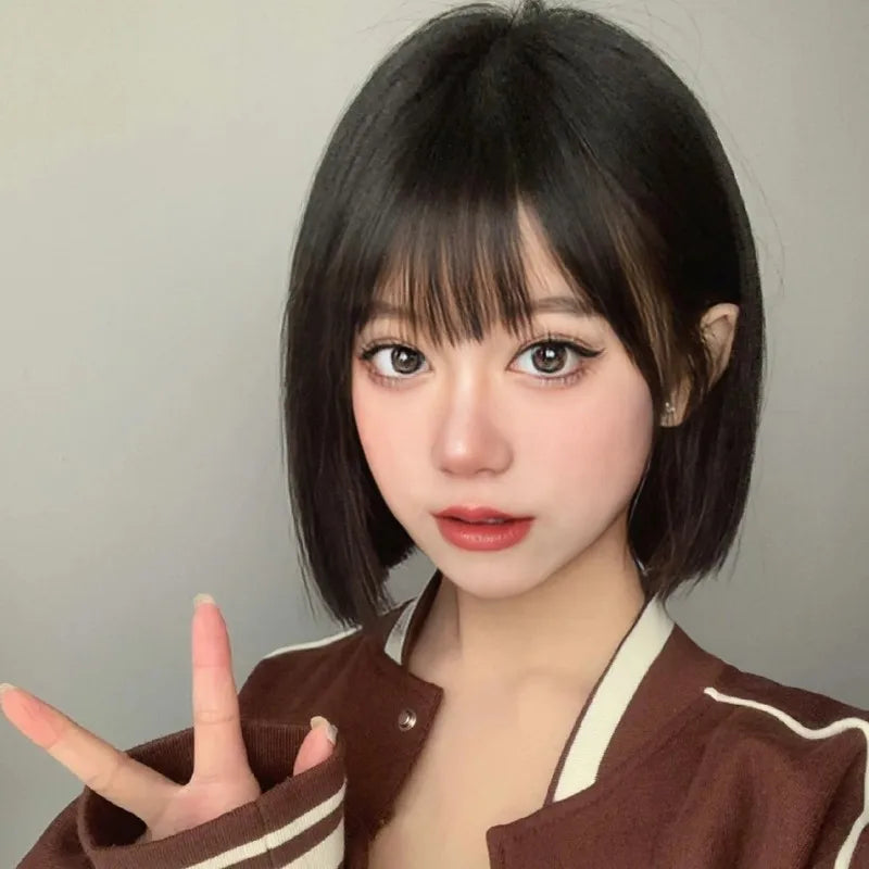 Punk style synthetic wig female short black hair air bangs high temperature silk synthetic fiber straight hair full head cover