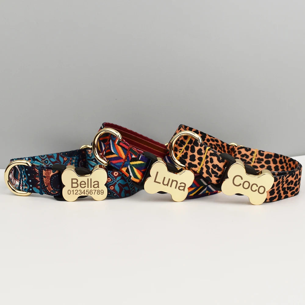 Custom Engraved Ethnic Style Dog Collar with Nameplate for Small Medium Large Dogs Pet Supplies with Matching Leash