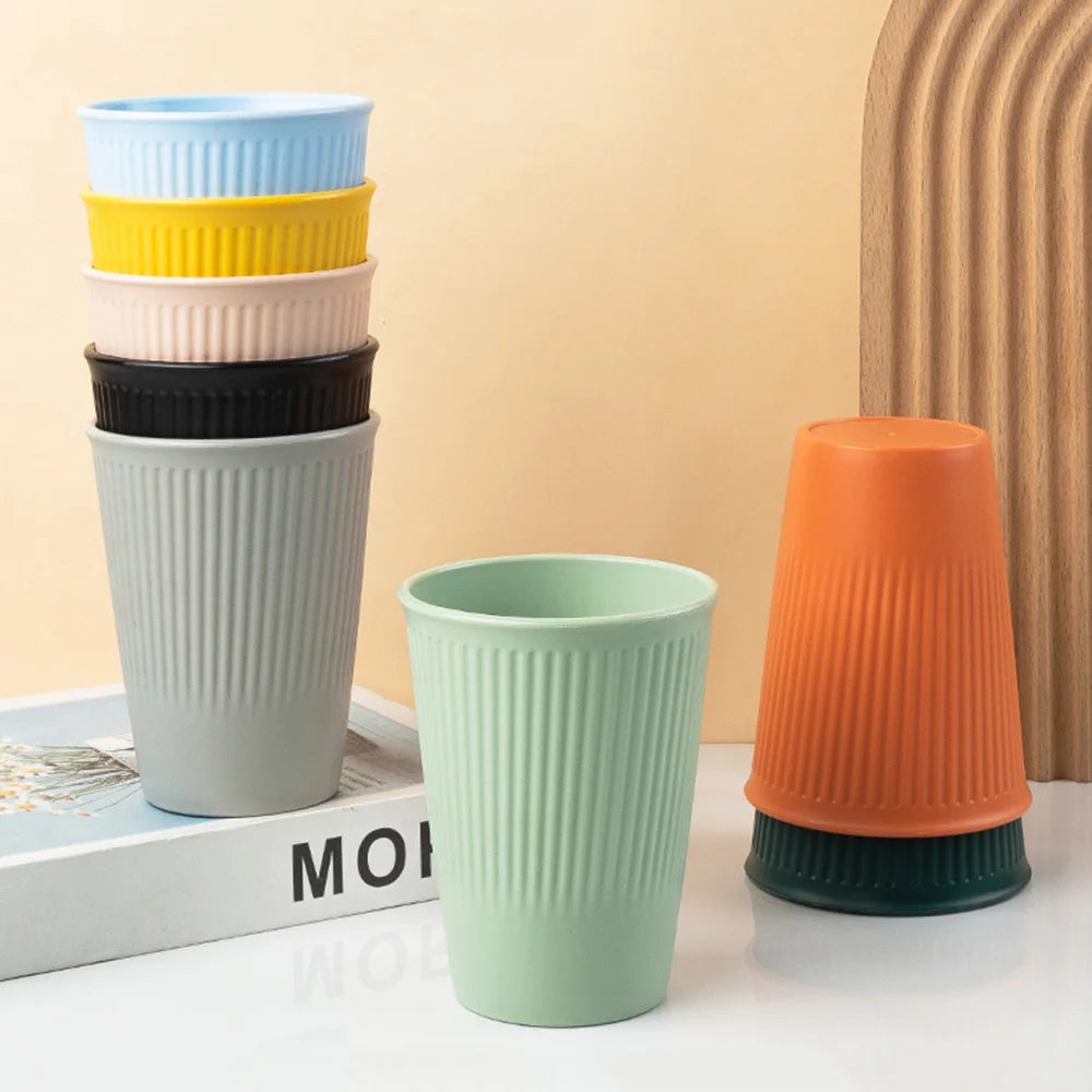 8Pcs Wheat Straw Stripe Couple Water Cups Multi-Functional Milk Coffee Mug Household Plastic Mouthwash Cup Drinking Accessories