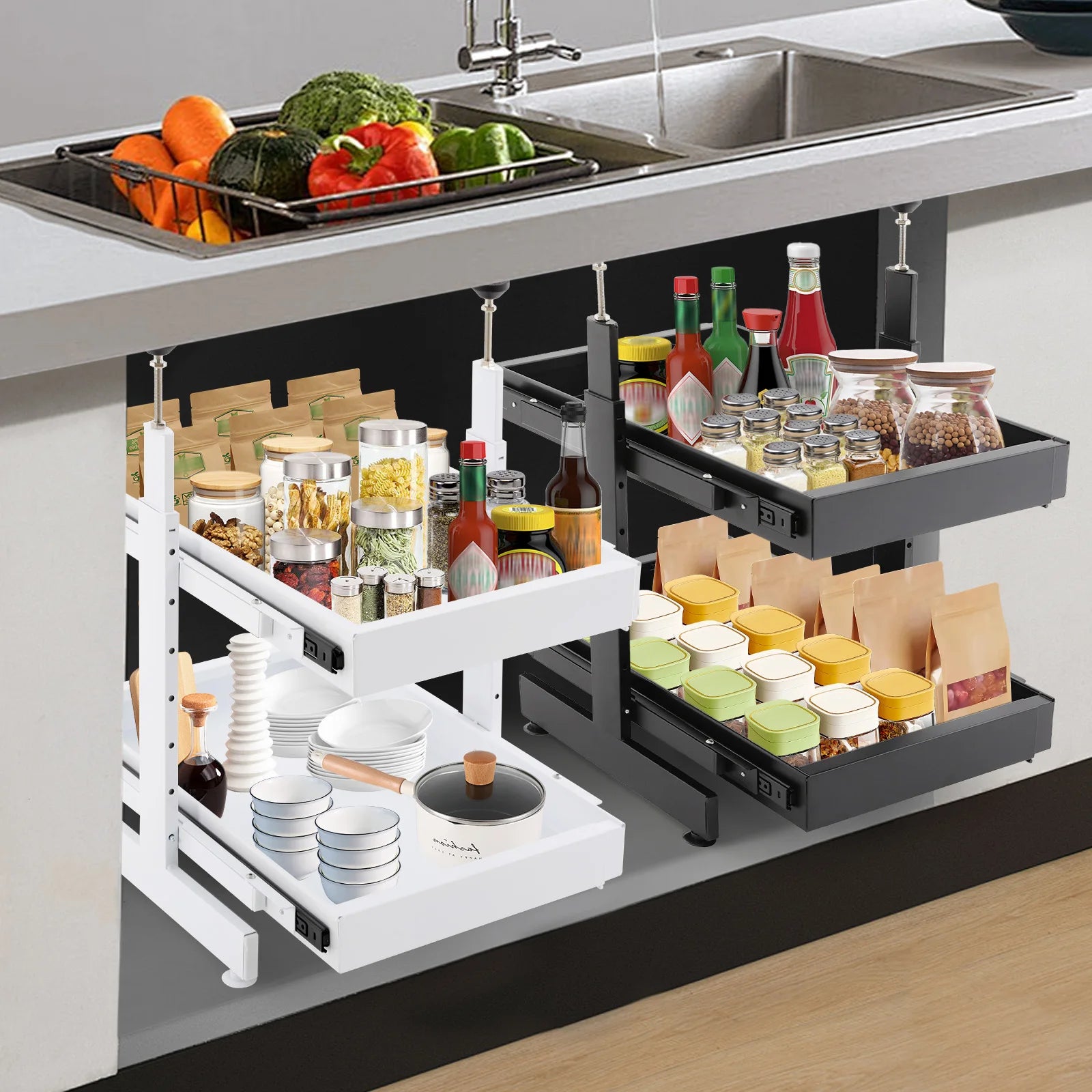 Carbon Steel Expandable Pull out Cabinet  2 -Tiers Organizer Pull Out Drawers for Cabinets Slide Out Cabinet Organizer