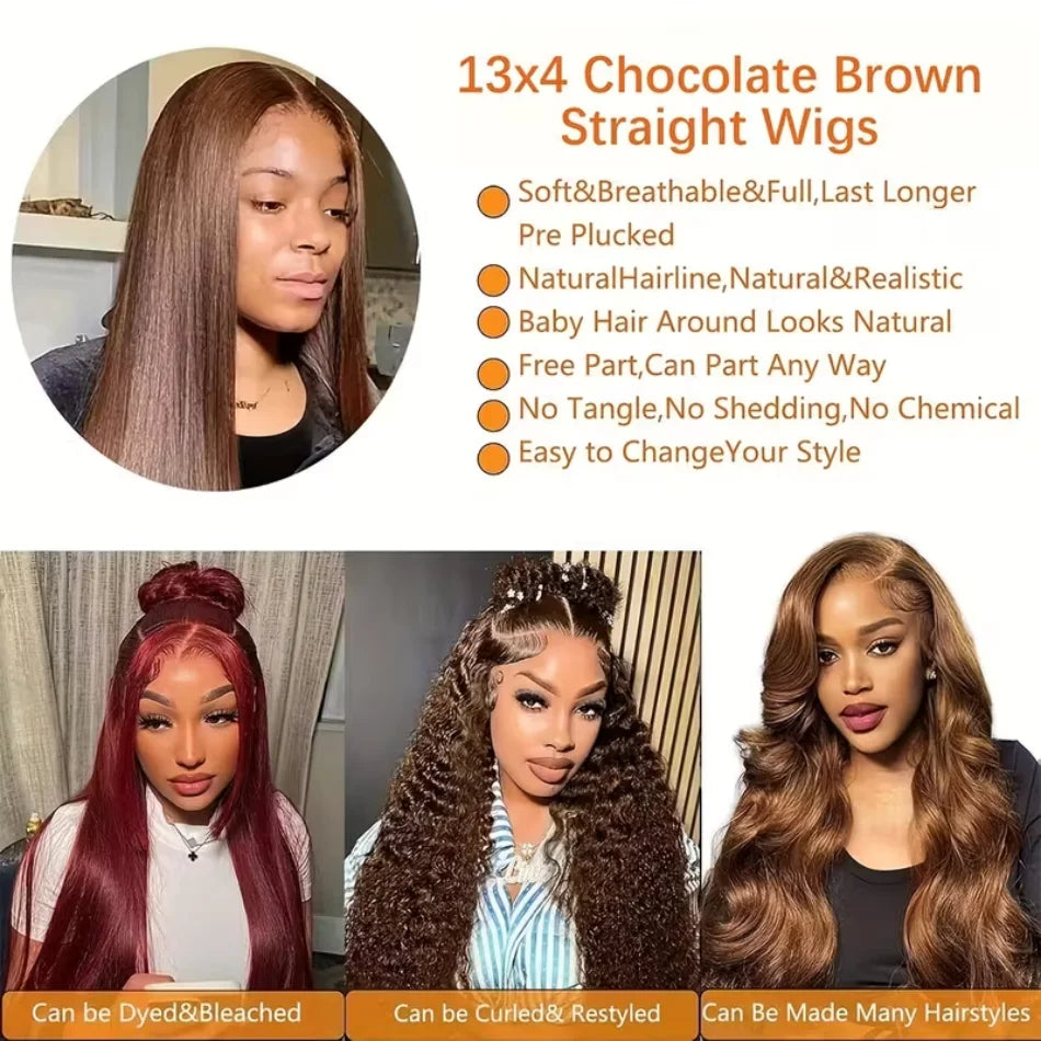 Chocolate Brown Human Hair Wig Colored Straight 13X6 Hd Lace Frontal Wig 250 Density Pre Plucked 30 Inch Brazilian Wigs Original
