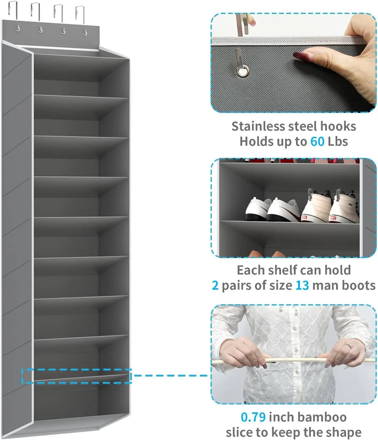 Space Saving Over The Door Shoe Organizer, 10-Tier Hanging Rack Holds 20 Pairs of Shoes, Storage for Sneakers Boots