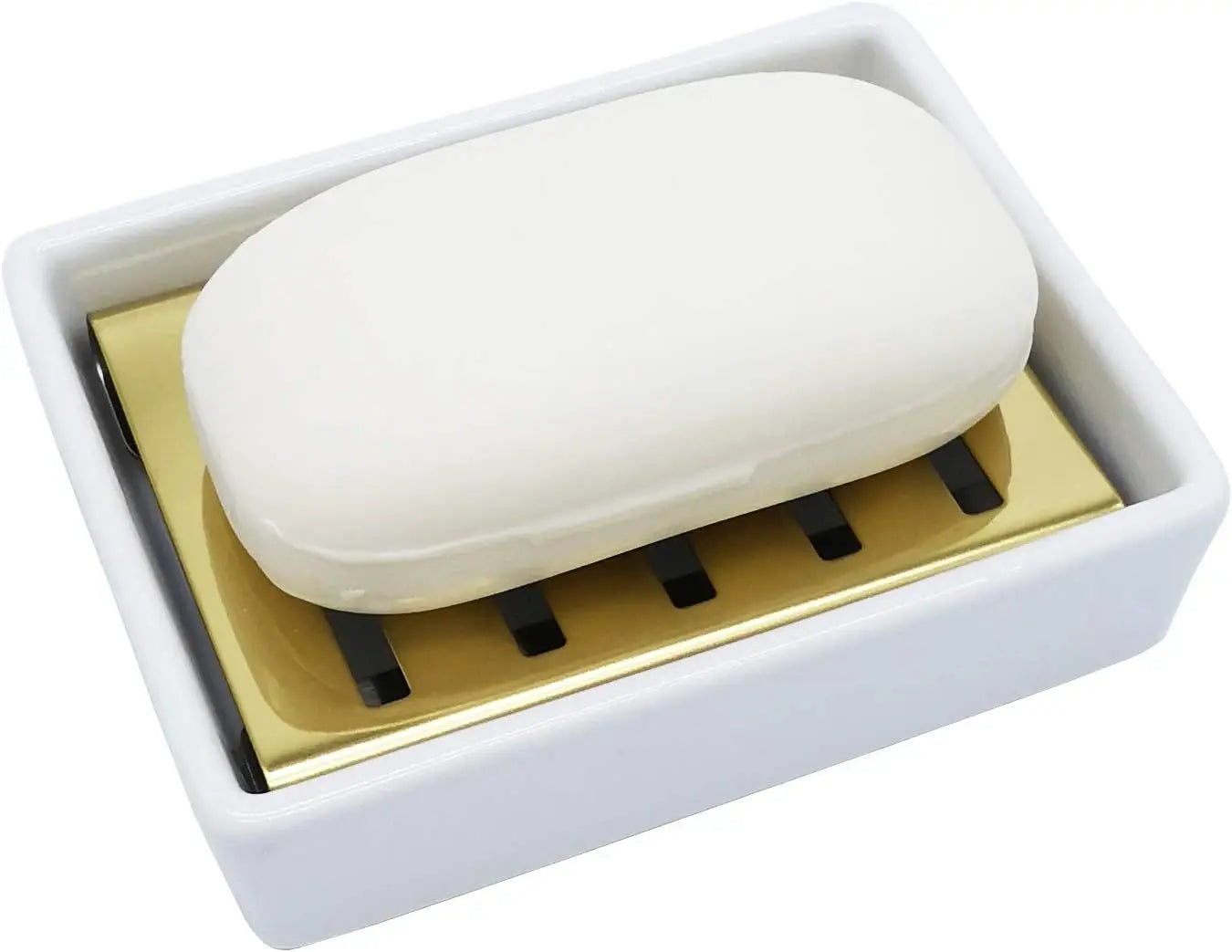 Double Layer Ceramic Soap Dish with Stainless Steel Holder for Shower and Bathroom Drainage