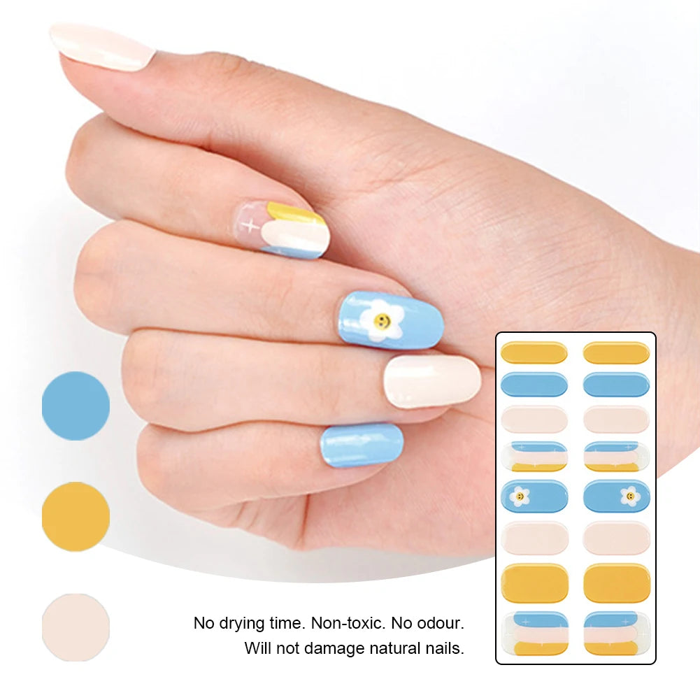 16Pcs Nail Polish Sticker Long Lasting Nail Polish Art Stickers Waterproof Full Nail Wraps with Nail File & Wooden Stick for DIY