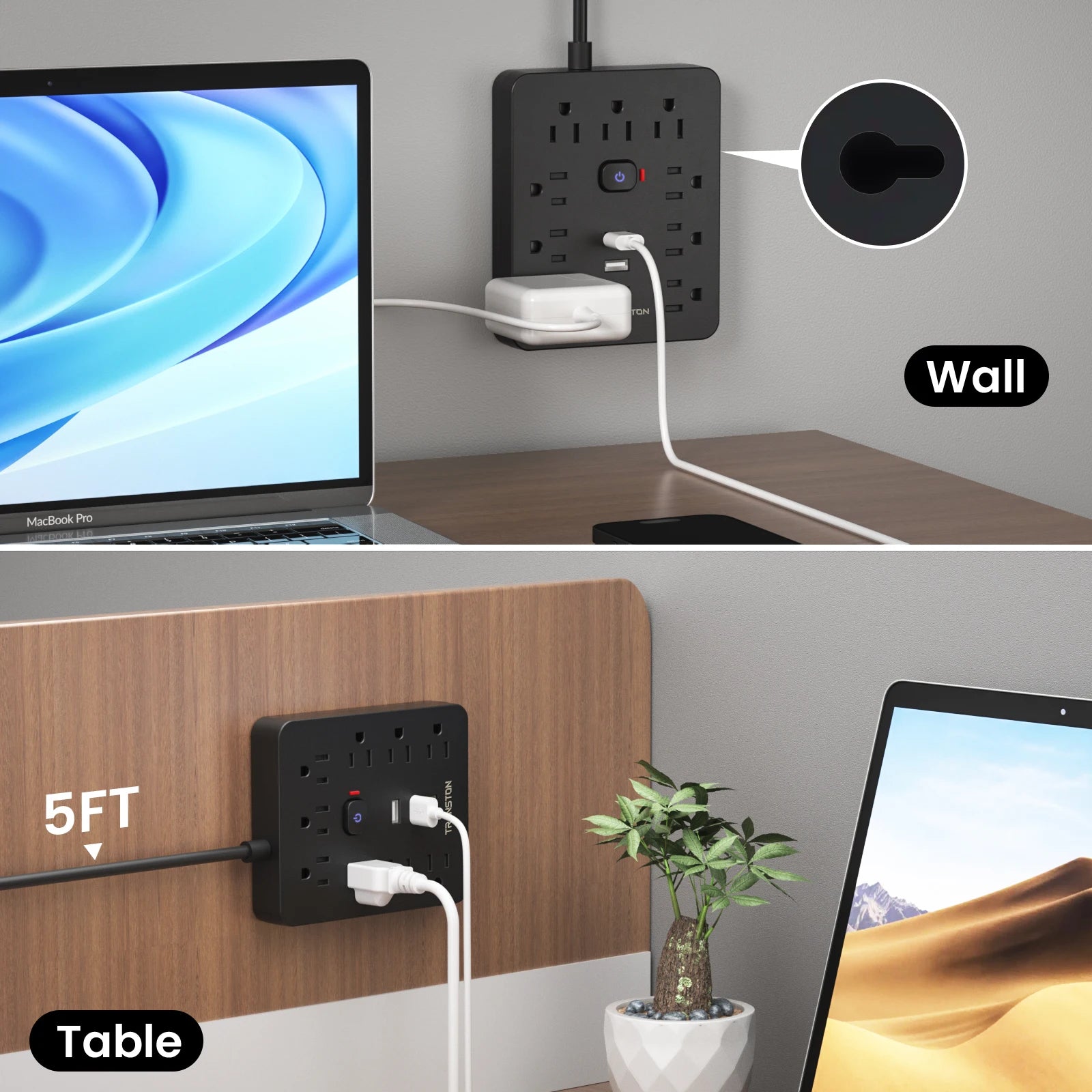 5-Foot  power strip Power Outlet with Surge Protector, 9 ac, 3 USB Ports, Extension Cord, Quick Charge, for Home and Office