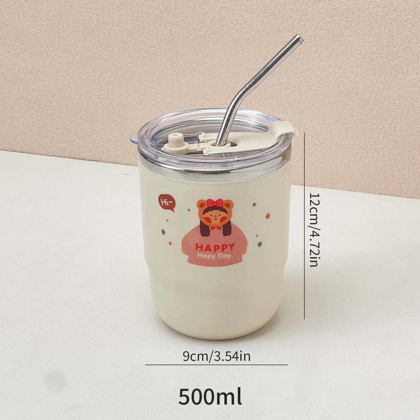 WORTHBUY 304 Stainless Steel Double Wall Insulated Coffee Mug With Straw Portable Cute Leak Proof Drinking Cup Tumbler For Kids