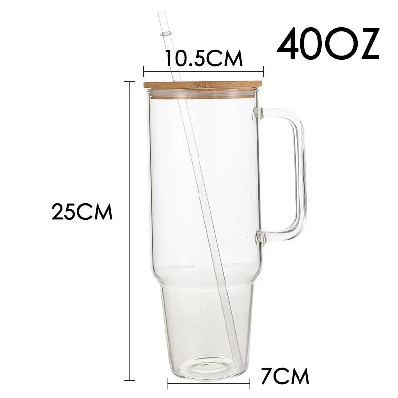 40OZ Glass Cup with Handle and Straw Lid Coffee Cup Reusable Transparent Bubble Tea Cup Juice Glass Beer Can Milk Mocha Cups
