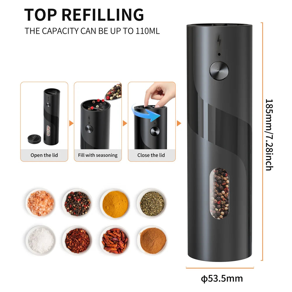 2Pcs Electric Salt And Pepper Grinder Rechargeable Spice Grinders Set 110ml Capacity Automatic Pepper Mills With Charging Base