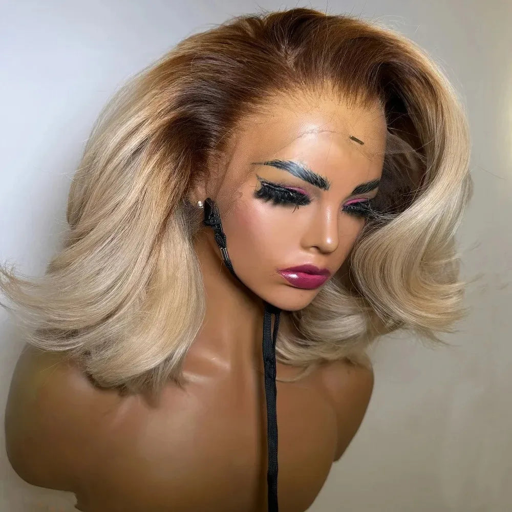 200 Density Lace Front Wig Ombre Blonde Short Bob Body Wave Lace Front Wig for Women 13x4 Hd Lace Front Wig Human Hair for Daily