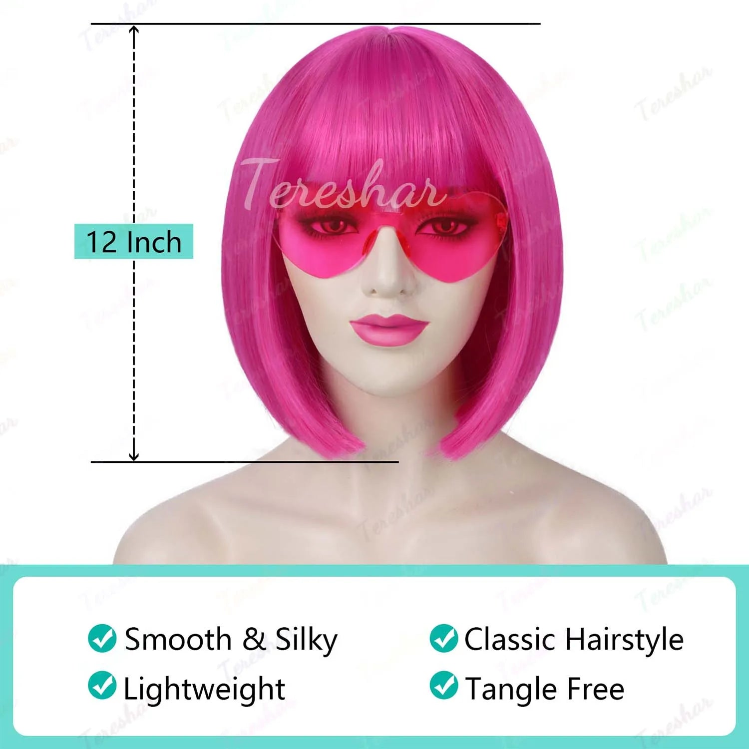 Synthetic Hot Pink Bob Wig+Sunglasses for Women Short Straight Neon Bob Wig with Bangs, 12" Colorful Funny Wig for Party Cosplay