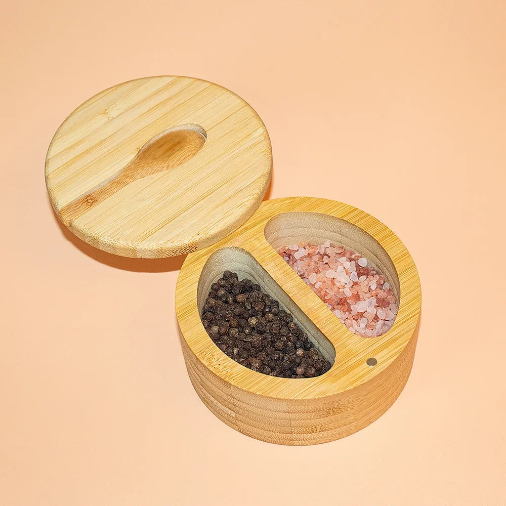 Natural Bamboo Salt & Pepper Condiment Set with Magnetic Lid Elegant Wooden Salt Pepper Jars Sugar Container Spice Storage Pot