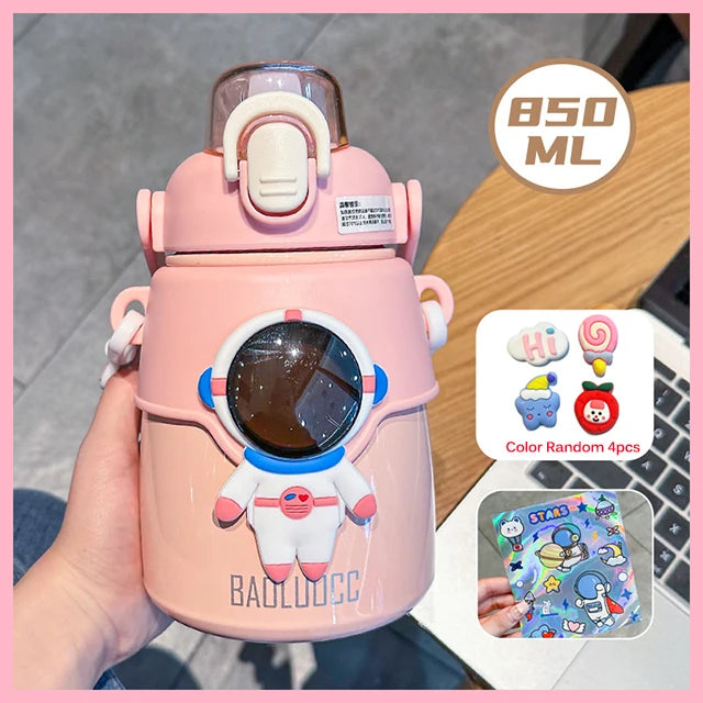 Cute Astronaut Children Insulation Cup 316 Stainless Steel Straw Thermos Water Bottle For School Boys Girl Outdoor Big Belly Cup