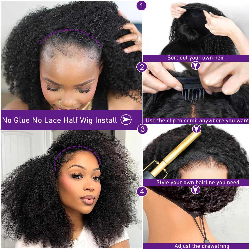 Half curly Wig with Adjustable Drawstring Wig Cap 26 28 inches Wig 200 Density Afro Kinky Curly Natural Black 3 In 1 Hair wigs