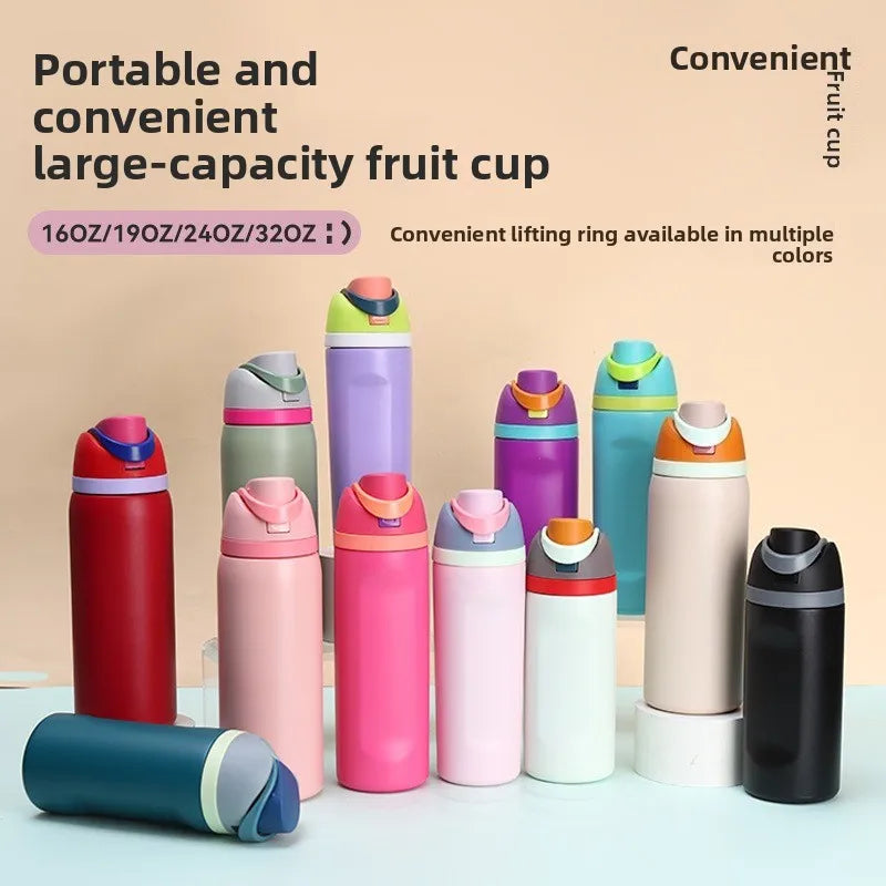 16/19/24/32oz Thermos Cup Fruit Mug Kids Straw Cup Vacuum Flasks Stainless Steel Travel Thermal Water Bottles