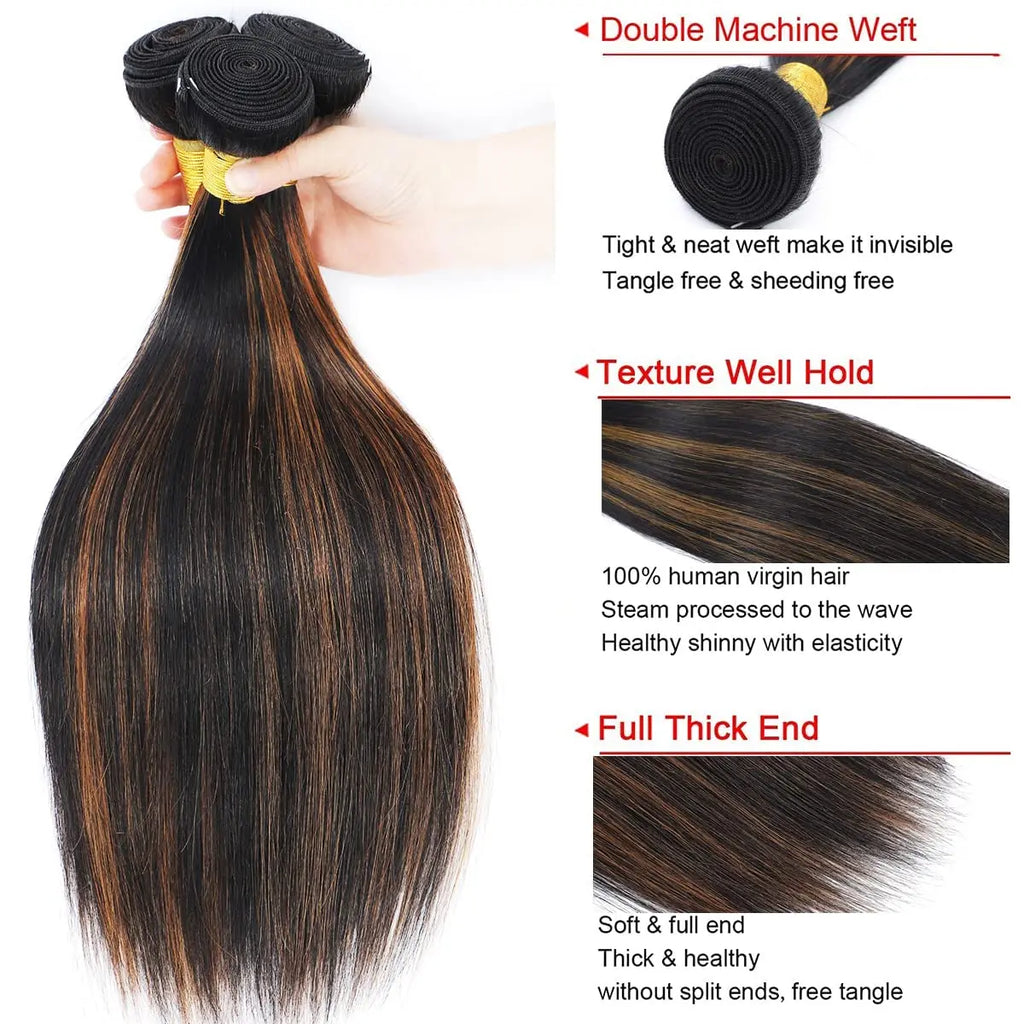 Highlight Human Hair Bundles with 4x4 Closure 12A Straight Bundles Human Hair Weft With Closure 100% Burmese Remy Hair Extension