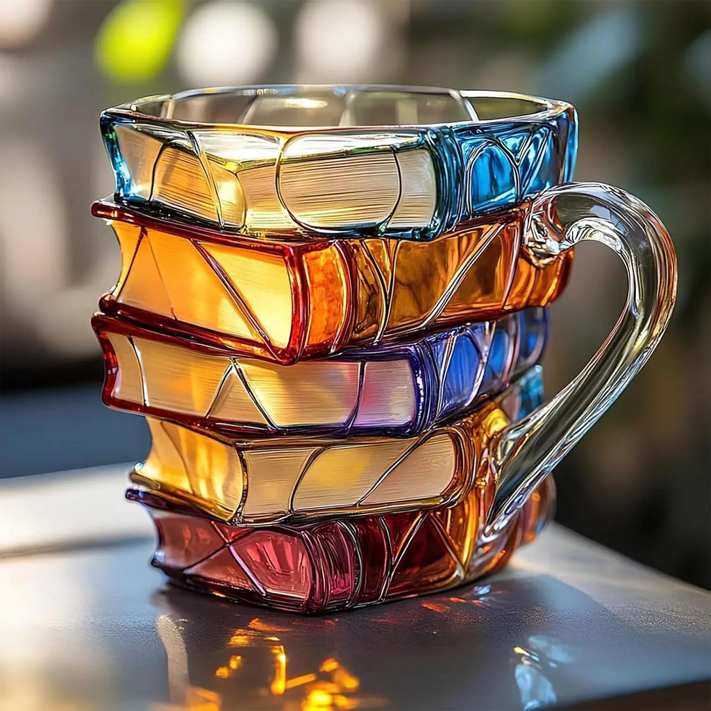 Painted Book Mug, 3D Colored Glass Book Coffee Mug, Novelty Books Stack Coffee Cup Christmas Gifts for Literature Book Lovers