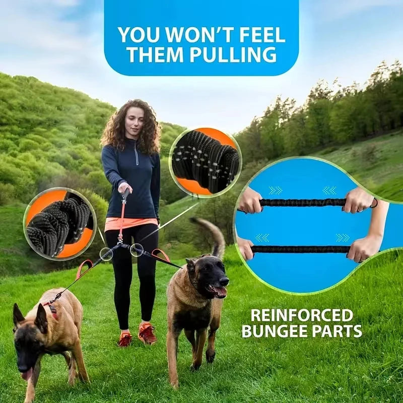 Dual Dog Leash Coupler - Comfort Padded Handles, No-Tangle, No-Pull Bungee Leash - 360° Swivel, Reflective, Shock Absorbing - Pe