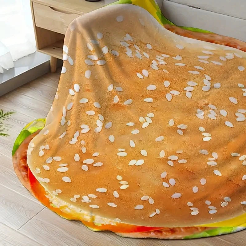 1pc Hamburger Print Blanket, Funny Food Flannel Round Blanket, Soft Warm Throw Blanket Nap Blanket For Couch Sofa Office Bed Cam