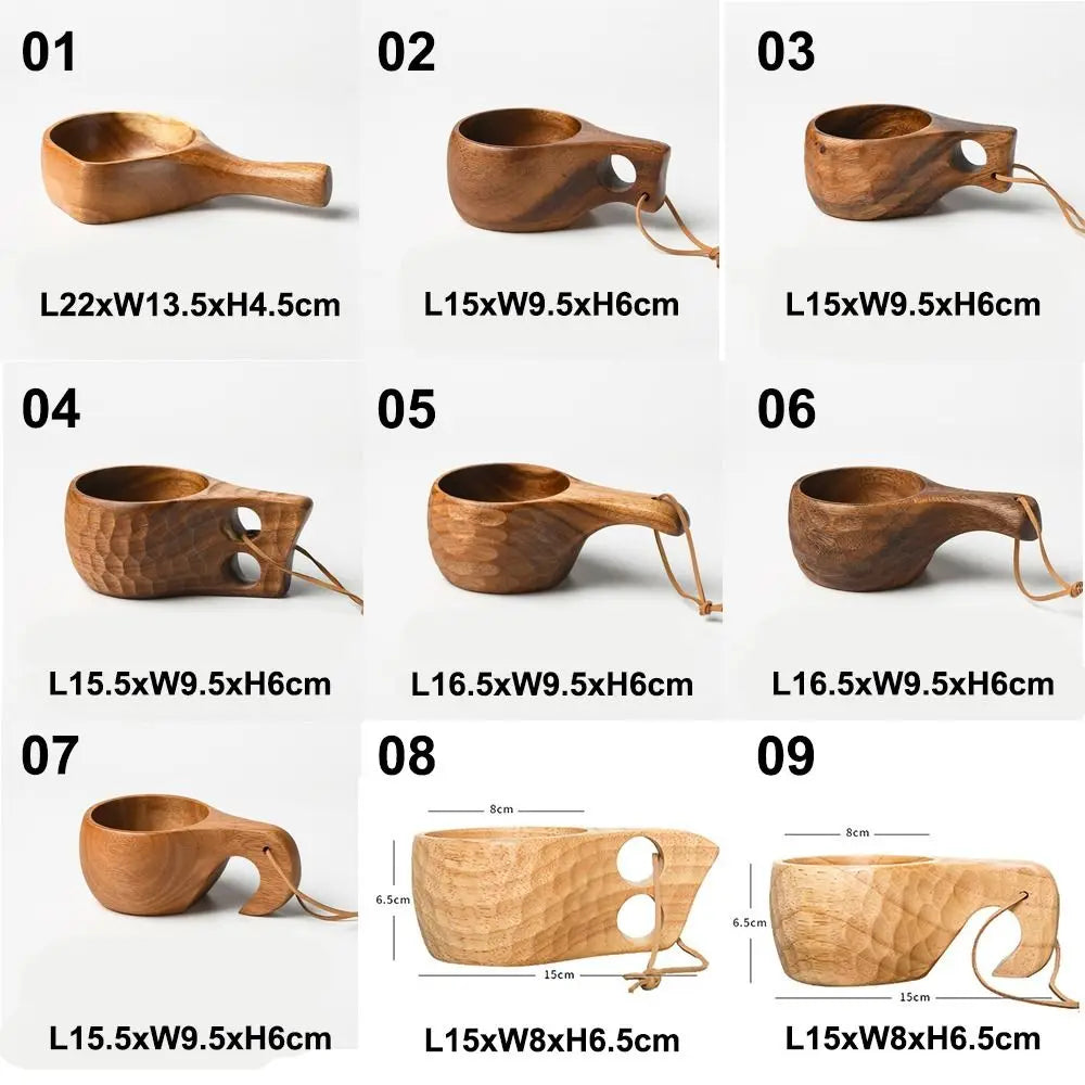 Kuksa Portable Coffee Mug Rubber Wood Handle Two Hole Cowhide Rope Hook Juice Milk Tea Coffee Drinking Cup Drinkware