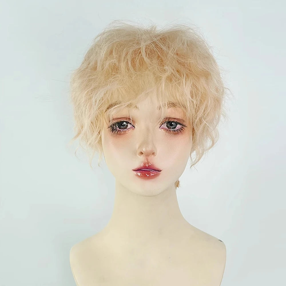 Men Short Wavy Curly Synthetic Blonde Wig with Bangs Fluffy Cosplay Hair Heat Resistant Wig for Daily Party