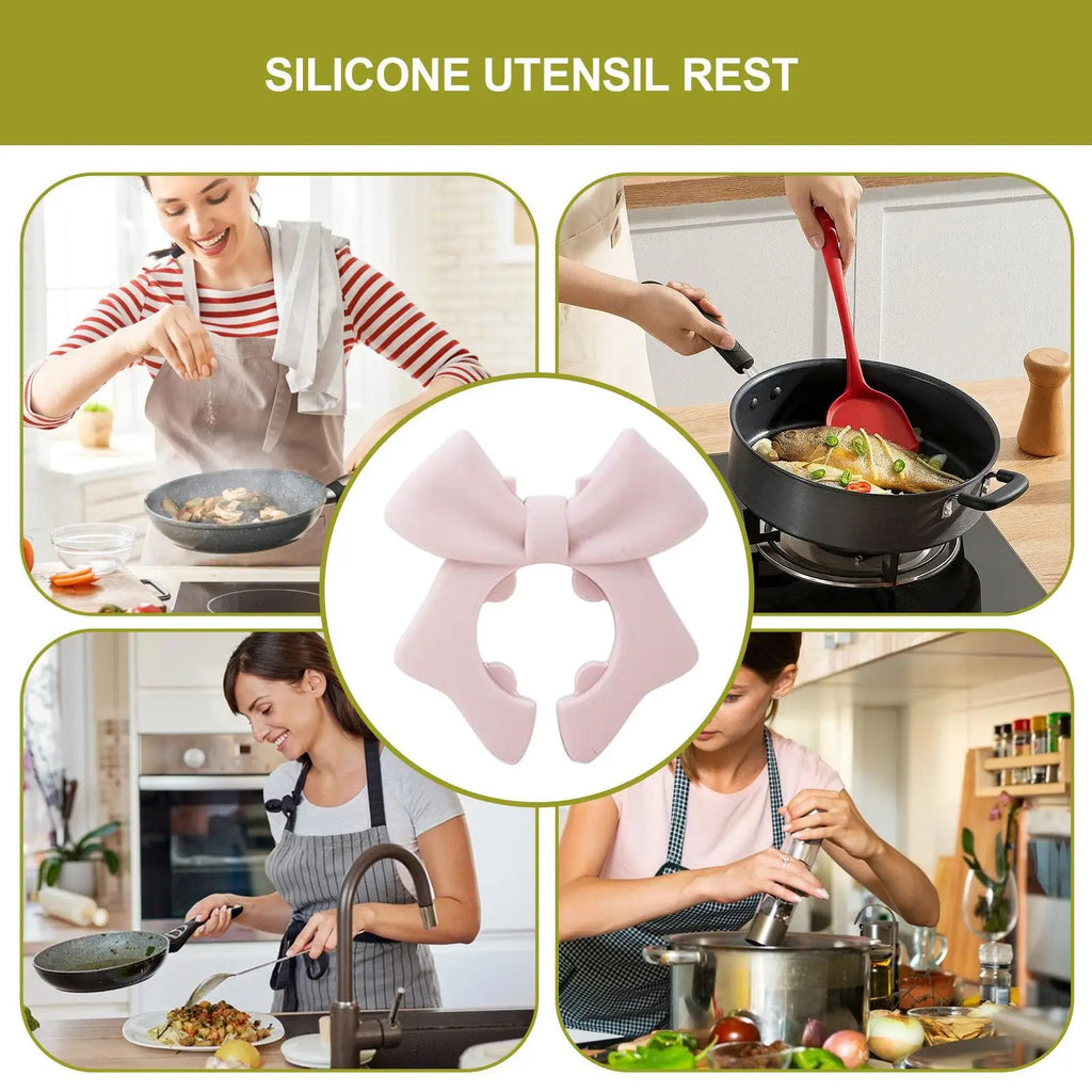 Bowknot Silicone Spatula Holder Kitchen Splash Ladle Holder Non-Slip Spatula Protector for RV College Dorm Home Spoon Rest