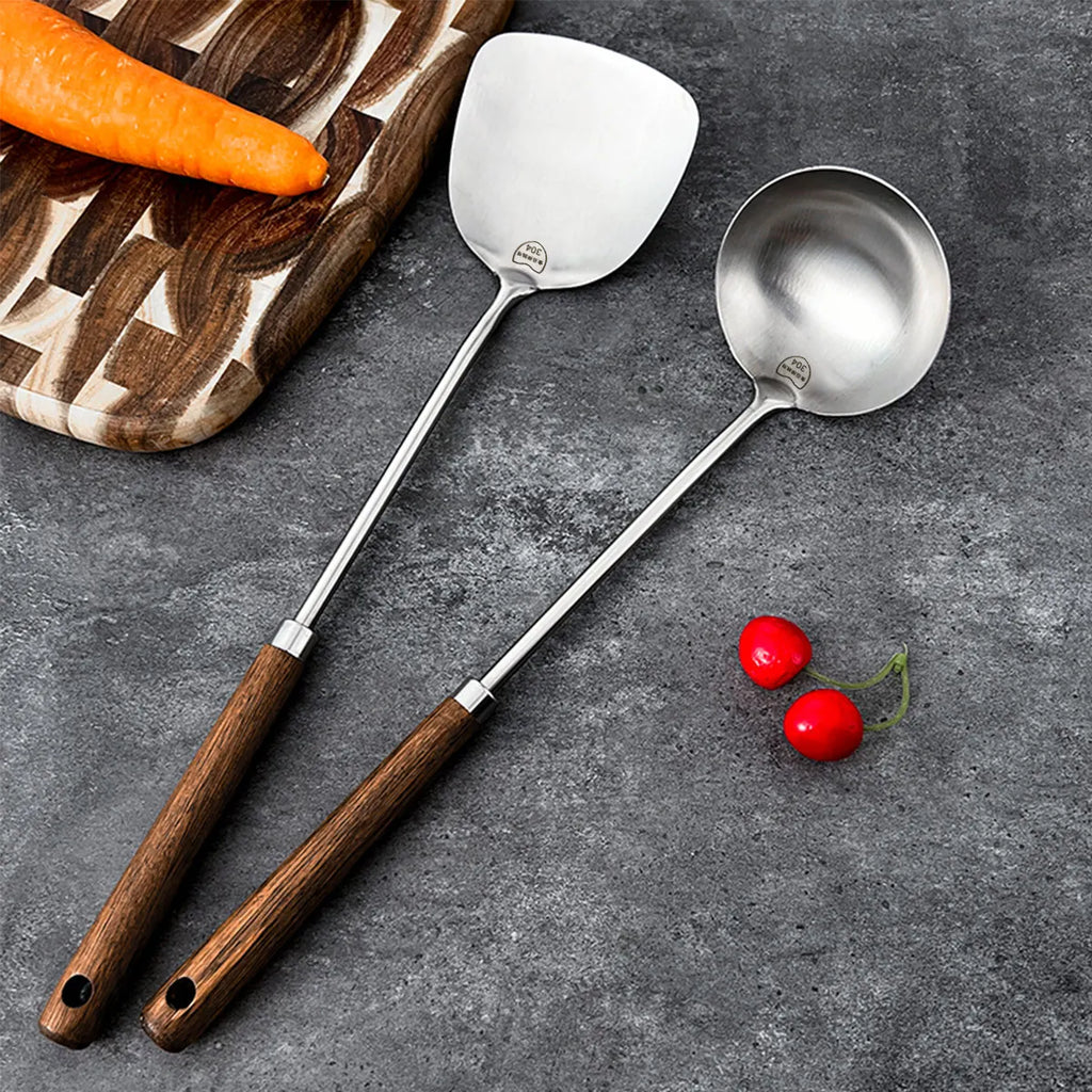 WORTHBUY 304 Stainless Steel Turner With Wooden Handle Heat-Resistant Long Handle Soup Ladle Spatula Kitchen Cooking  Utensils