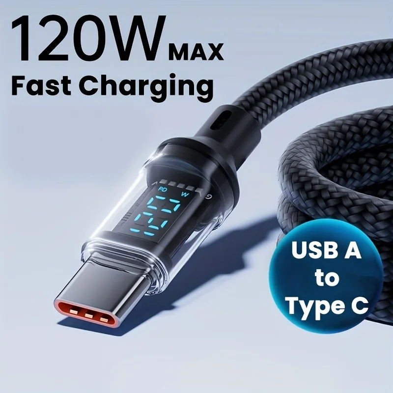 120W Super Fast Charging Cable Real-time Digital Display USB A to Type C data Cable For iPhone Android Phones Universal
