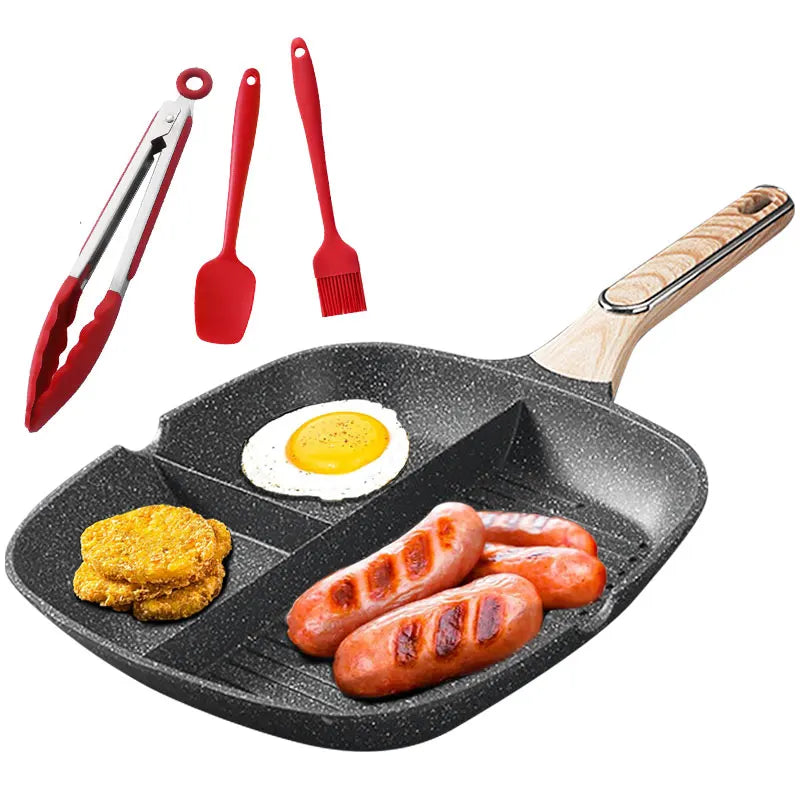 29cm Nonstick Square Grill Pan 3-Section Griddle Skillet Pan Induction Large Breakfast Skillet for Egg Bacon Burgers Cooking Pan