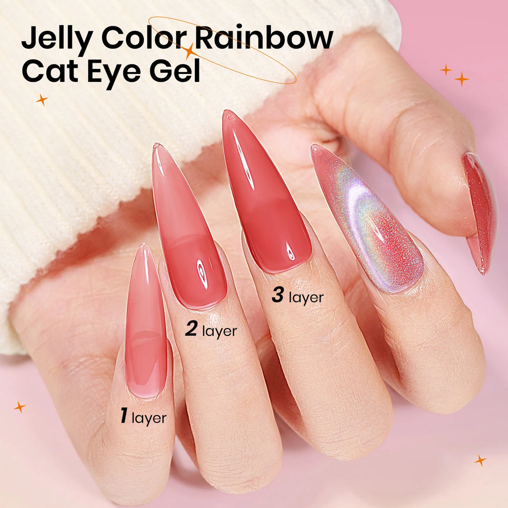 SUPWEE Cat Eye Gel Polish Set With Magnet, Translucent Red Pink Jelly Gel Polish, Universal Rainbow Cat Eye Gel Manicure Set