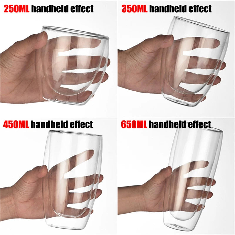 1pc 80/650ml Heat Resistant Double Wall Tea Glass Cup Beer Coffee Handmade Creative Healthy Cold Beverage Transparent Drinkware