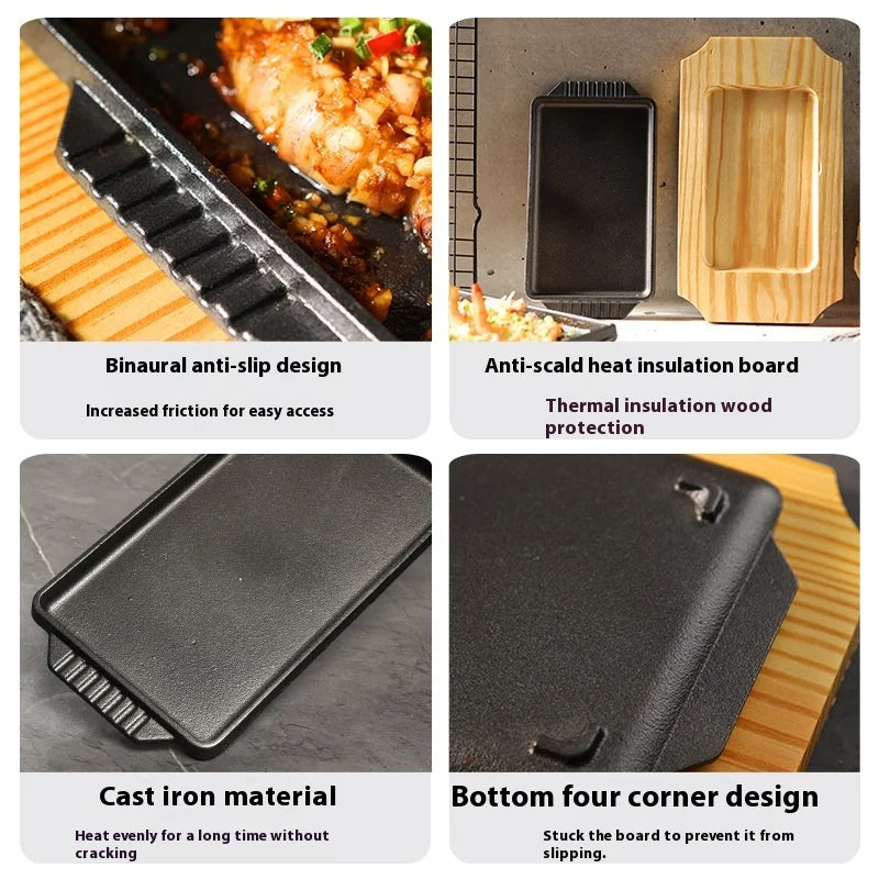 Cast Iron Rectangle Shape Restaurant Barbecue Plate Steak Sizzling Hot Pan Plate with Wooden Base Teppanyaki Grilled Fish Tray