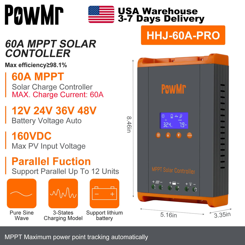 PowMr USA 60A MPPT Solar Charge Controller Can Parallel 12PC Charging 12V 24V 36V 48V LifePo4 Battery Max 160VDC Solar Panel