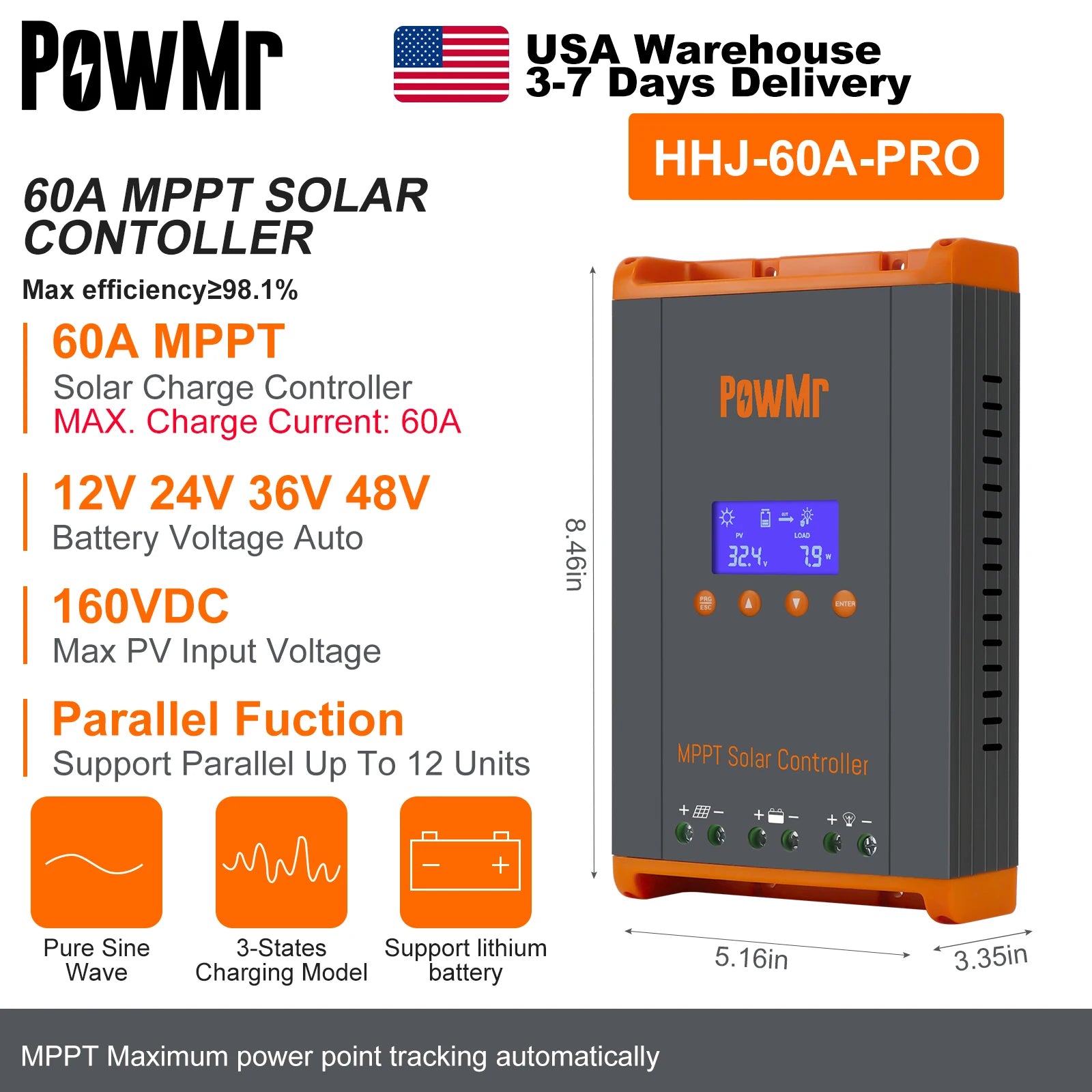 PowMr USA 60A MPPT Solar Charge Controller Can Parallel 12PC Charging 12V 24V 36V 48V LifePo4 Battery Max 160VDC Solar Panel