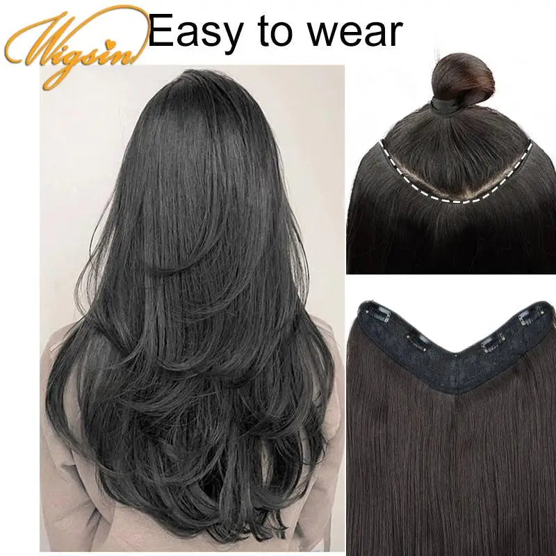 WIGSIN Synthetic 55cm V-shaped Layered 4 Clips Long Straight Hair Extension Natural Invisible Hairpiece Wig for Women