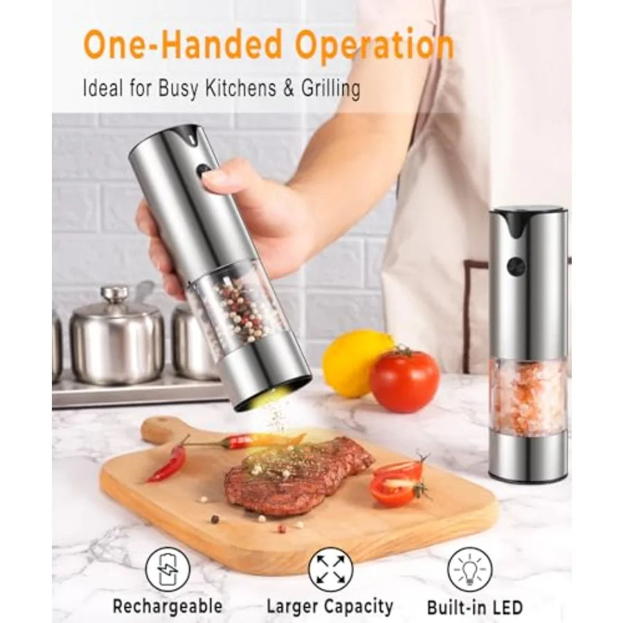 Rechargeable Electric Salt and Pepper Grinder Set with Extra Large Capacity Automatic Black Peppercorn Sea Salt Spice Mill in B