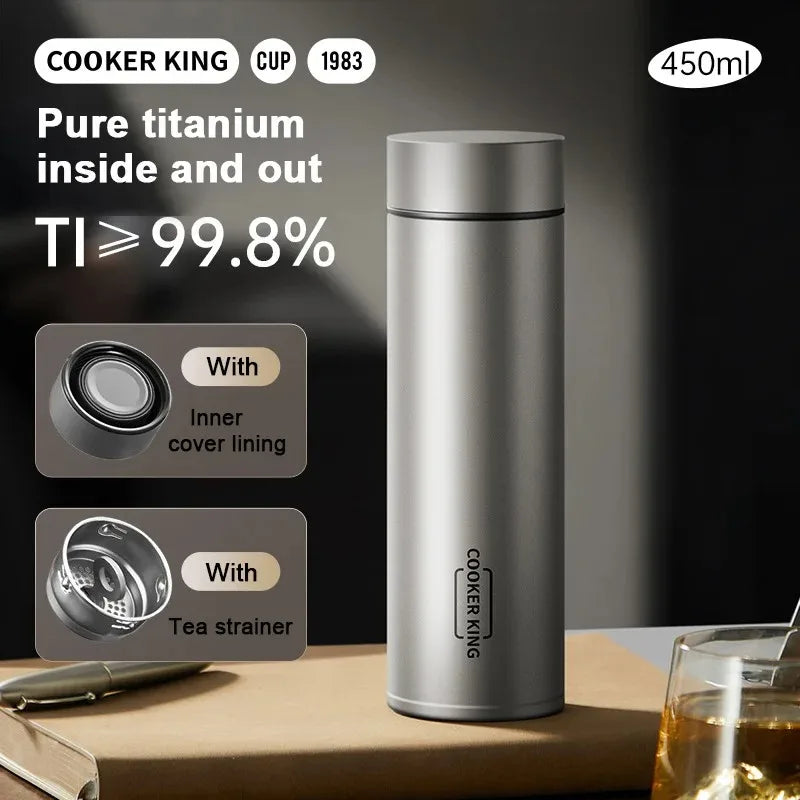 COOKER KING 450ml Pure Titanium Vacuum Thermos Bottle Lightweight Insulated Water Bottle With Tea strainer Keep warm and cold