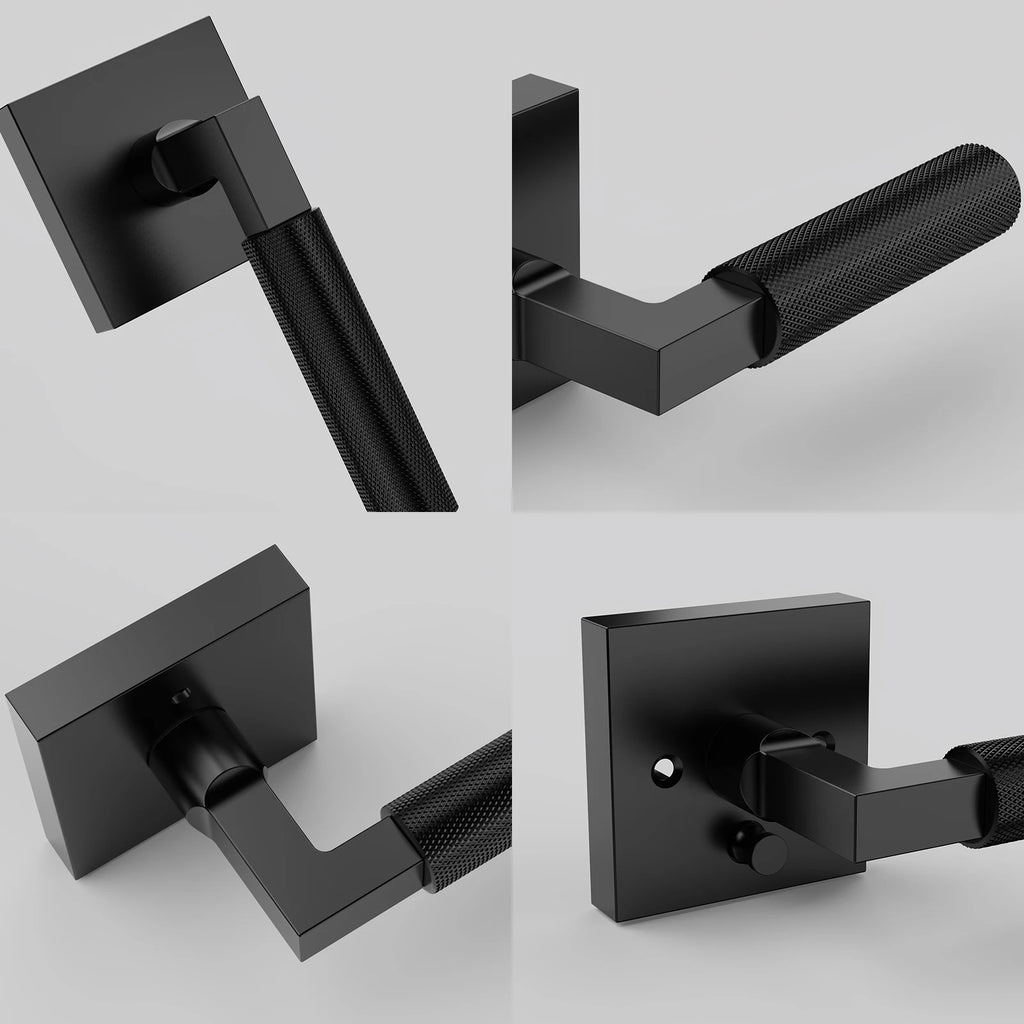 Viladepot Privacy Door Handle Rear Knurled Handle Lever Matte Black Square Base Bedroom Bathroom Door Lock Reversible