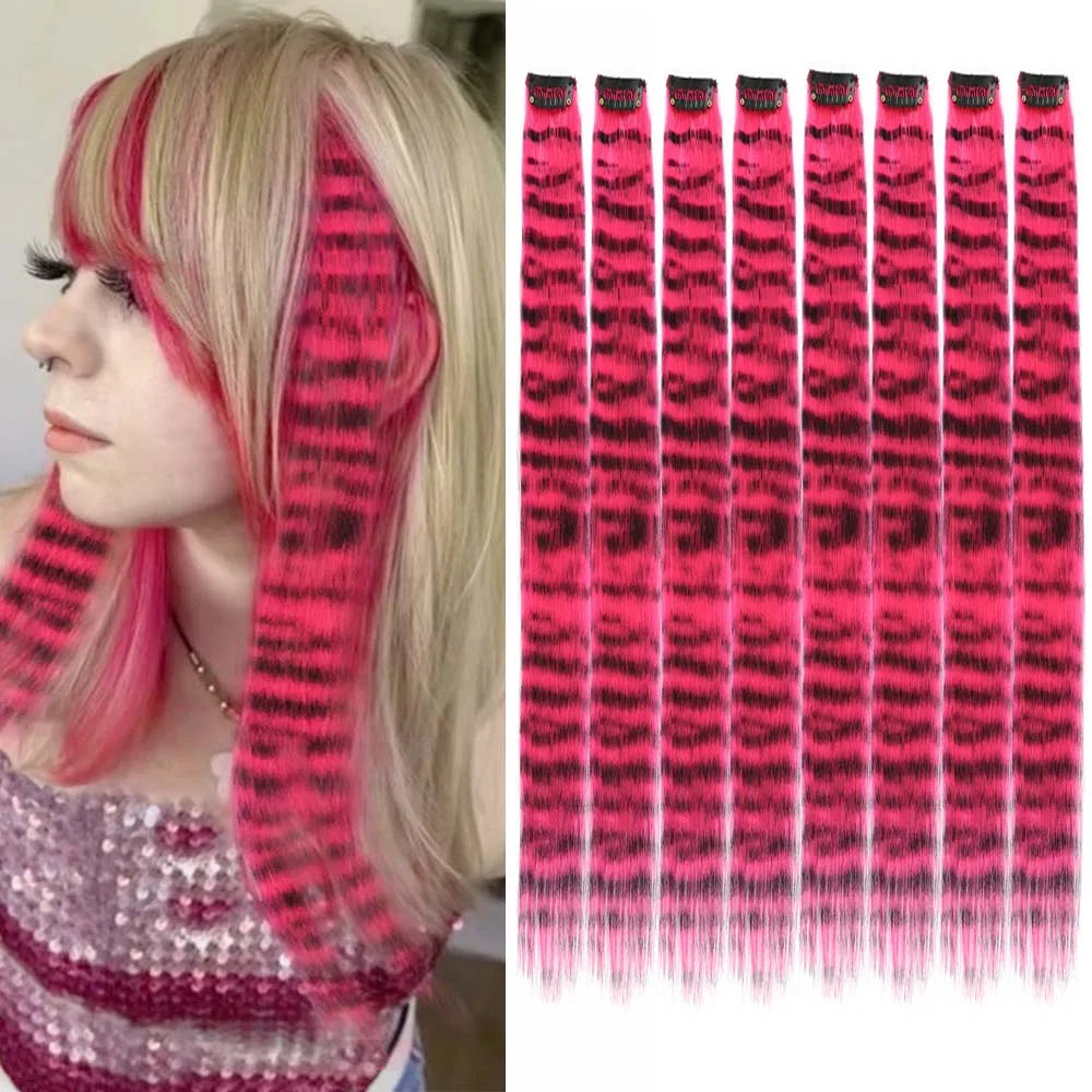 8Pcs 18" Colored Hair Extensions Animal Stripe Print Hair Clip-on Synthetic Feather Hair for Cosplay, Party, Festivals, Y2K