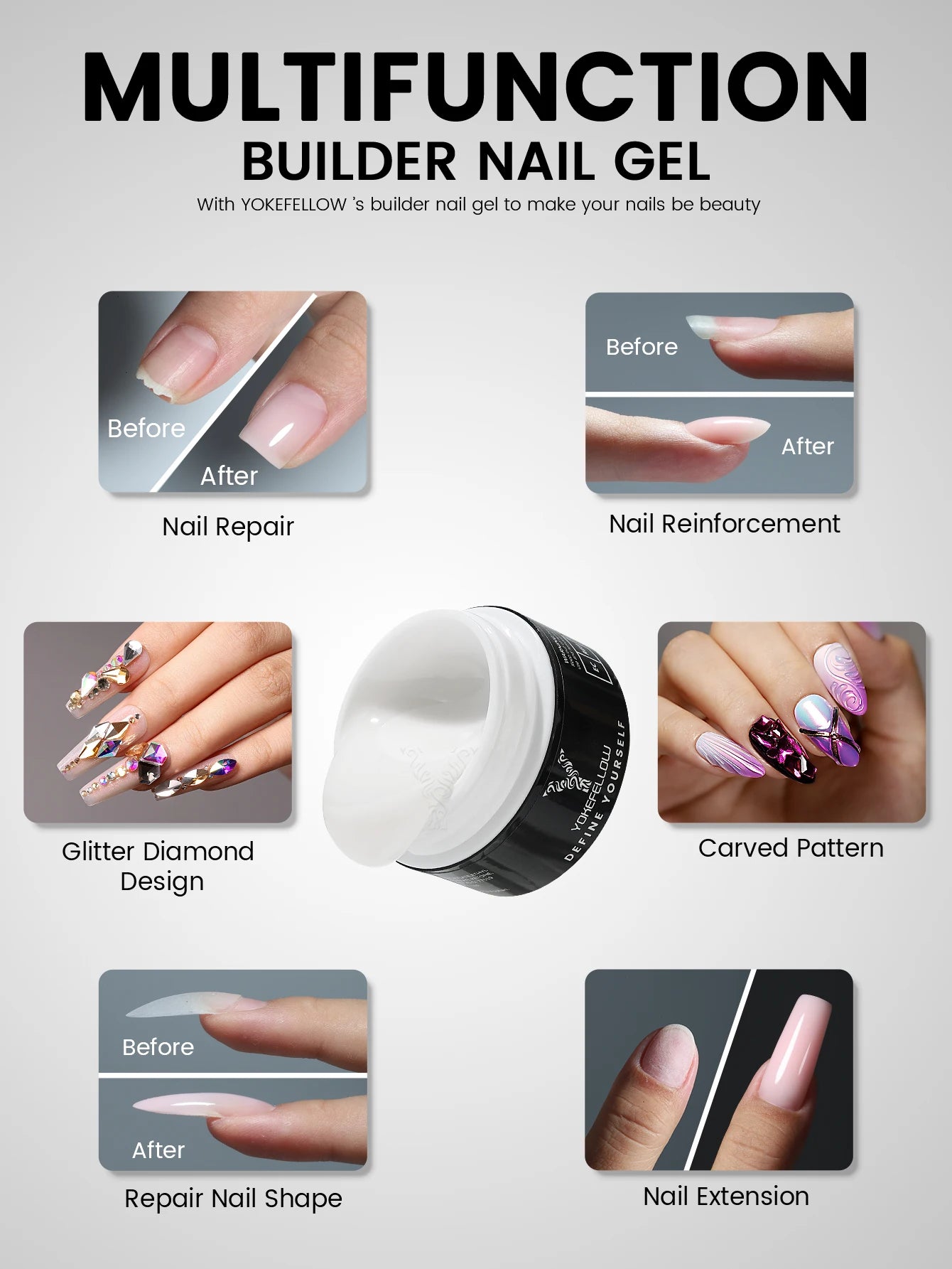 YOKEFELLOW 15g Builder Gel Nail Polish HEMA TPO Free Extension Gel Self-leveling Milky Construct UV LED Acrylic Gel DIY YMH02