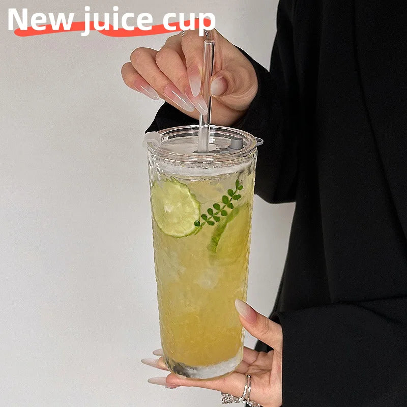NEW Large-capacity glass cup, high appearance value, straw cup, with lid, suitable for iced Americano, latte, and juice