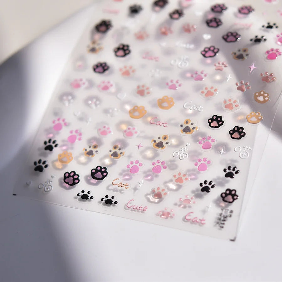 1pc 5D Cute Jelly Pink Cat Paw Print Nail Sticker Lovely Kitty Puppy Dog Cartoon Embossed Relief Nail Art Sticker Manicure Decal