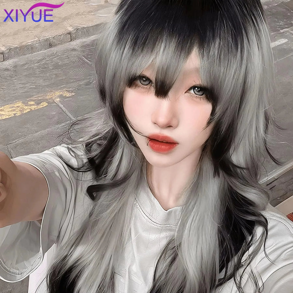 synthetic Long Body Wave Black And Gray Gradient Cosplay Wigs Heat Resistant Synthetic Wigs Bangs Natural Lolita Wigs For Women
