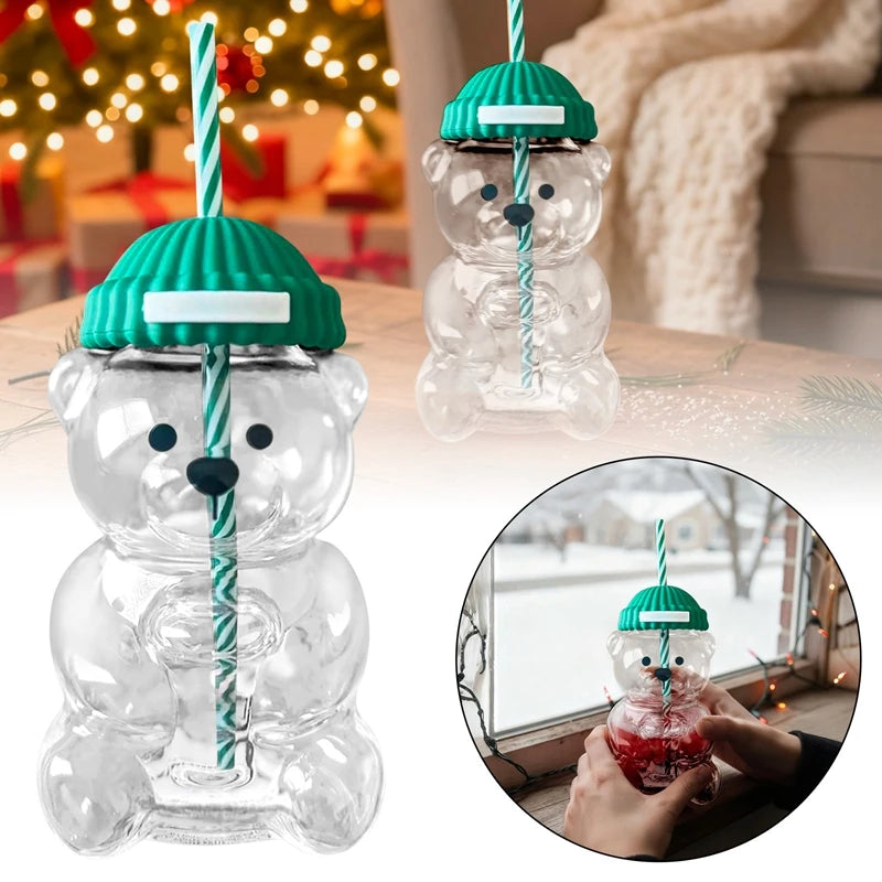 1pc 500ml Christmas Bear Coffee Cup Bear Straw Cup with Lid and Straw Wine Juice Milk Beverages Utensils Holiday Gifts