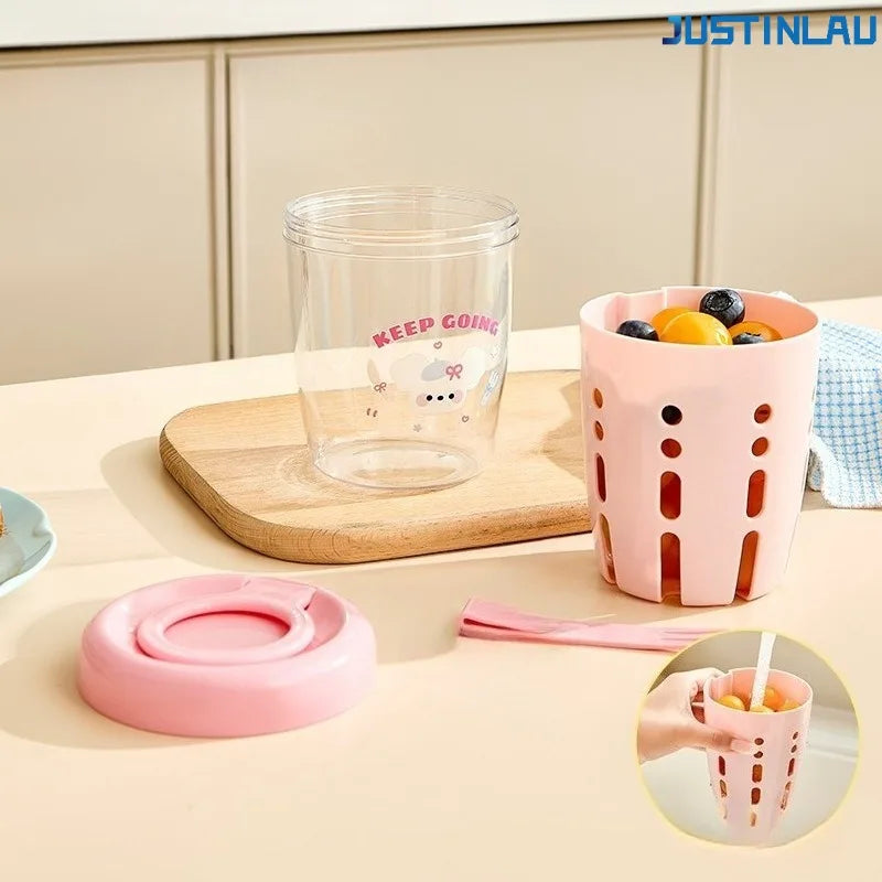 JUSTINLAU Macaron Fruit Cup Breakfast Salad Cup with Lid Double Layered Drip Cup Fruit Cup Forked Cup Suitable for Picnic Use