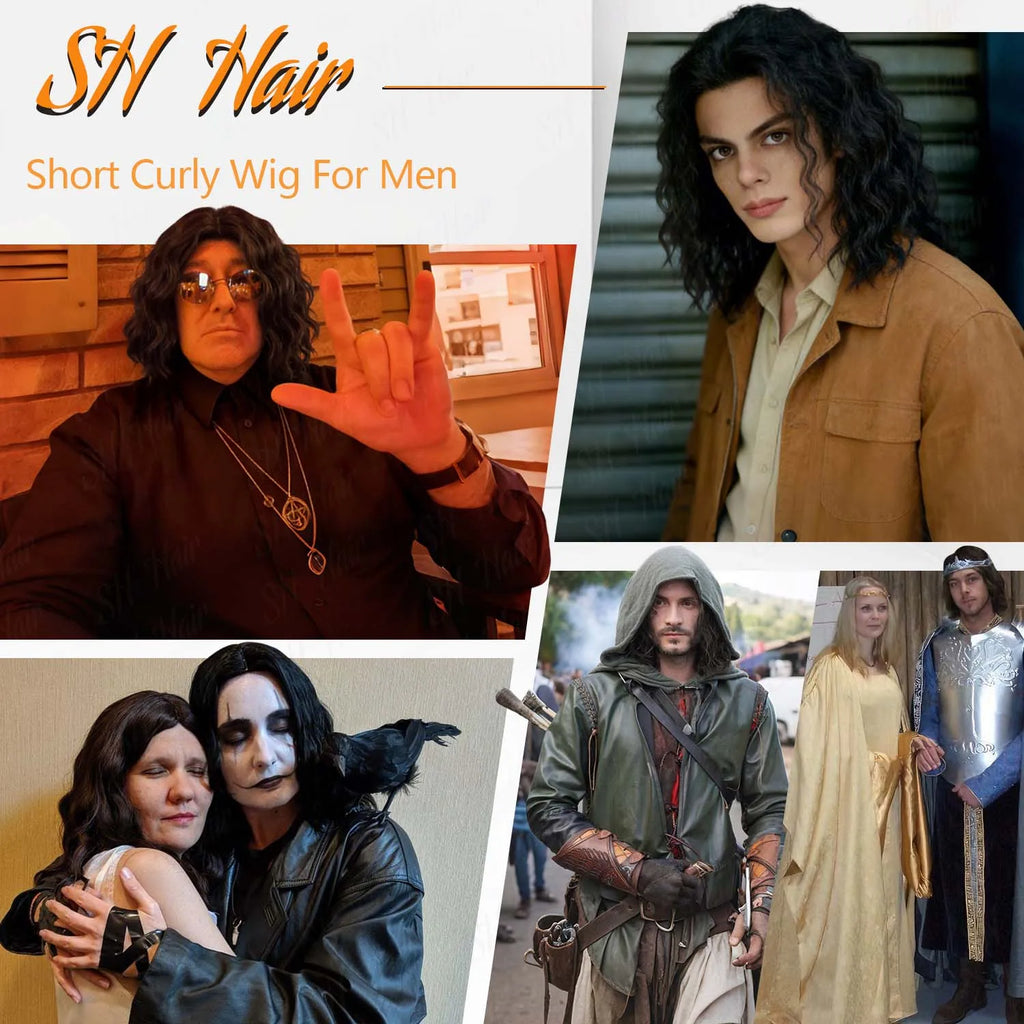 Synthetic Mens Black|Brown Curly Wig Middle Part 70s 80s Funny Wig for Retro Halloween Party Cosplay Use,Eric Draven|Aragorn Wig