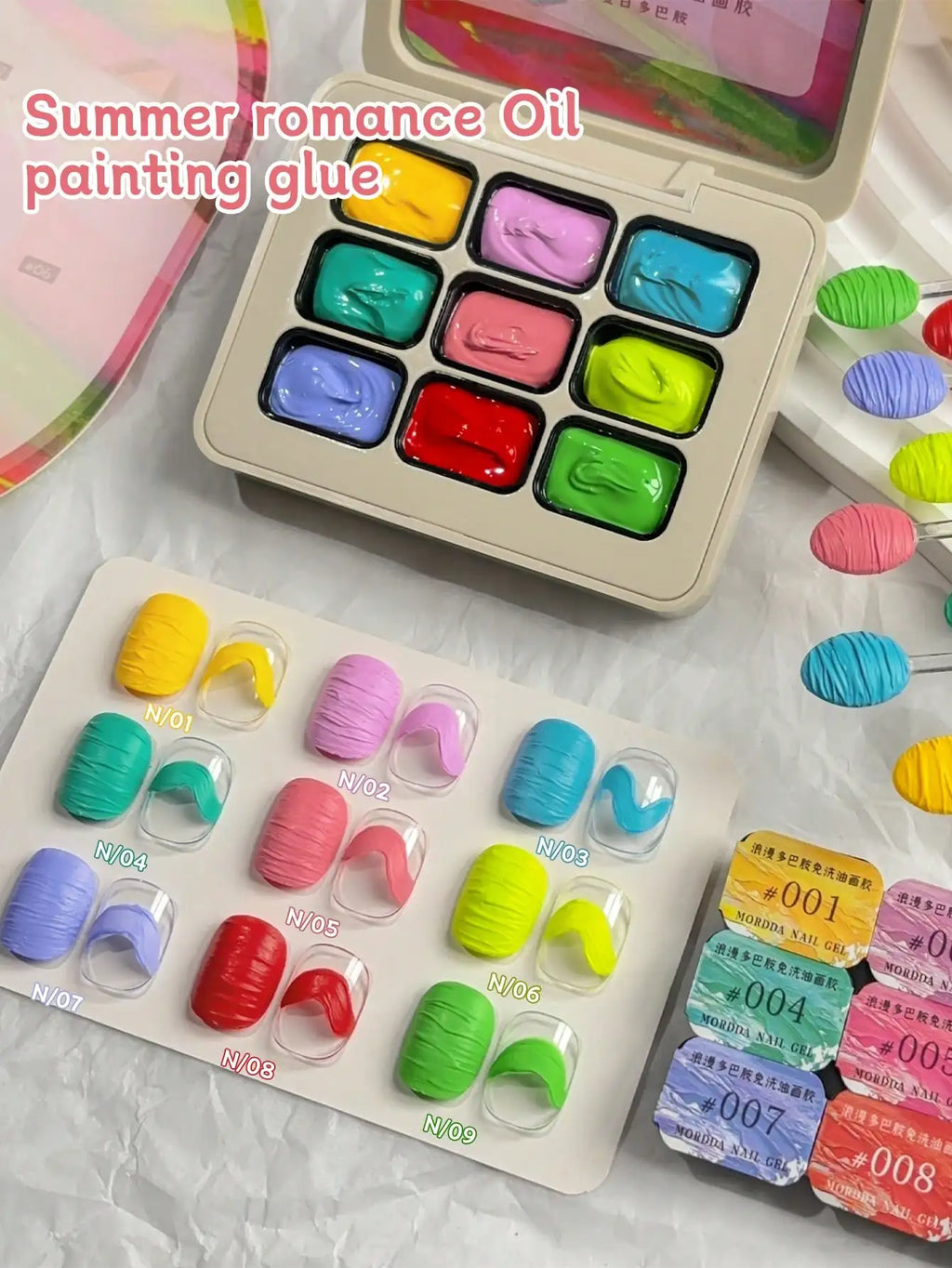 MORDDA 9pcs Summer Romance Oil Painting Glue Dopamine Color Suits, High Gloss Multi-Color Solid Gel Oil,Used For Nail Salons