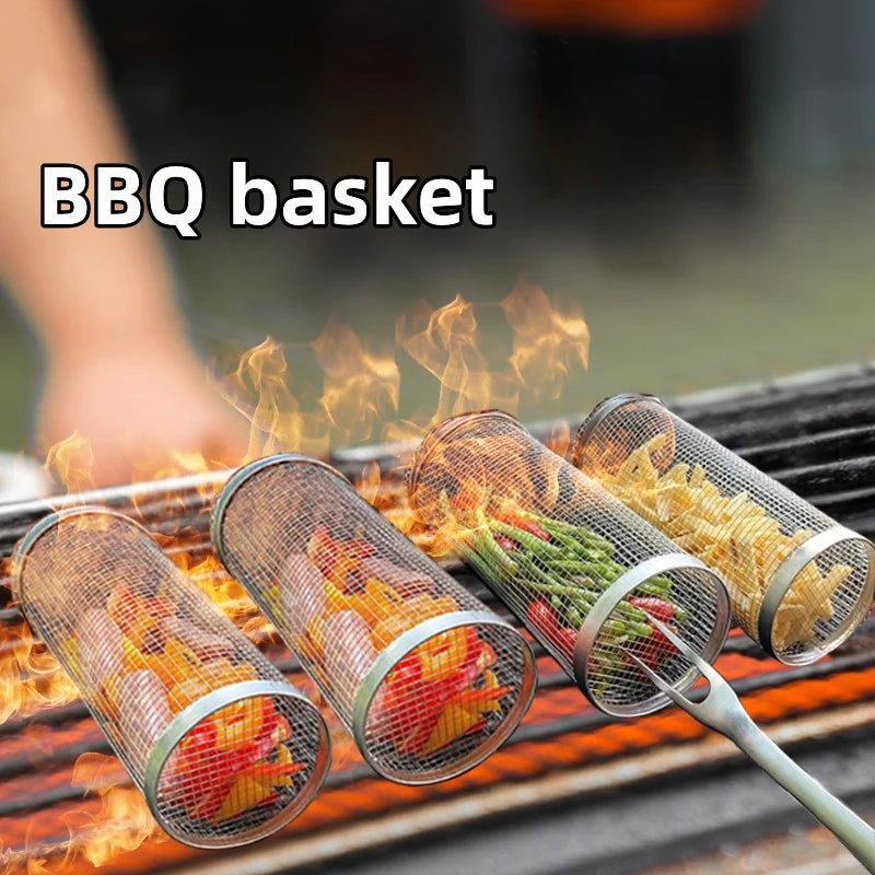 1-4pcs Rolling Grilling Basket Stainless Steel BBQ Grill Basket Mesh Portable Outdoor Camping Barbecue Rack kitchen accessories