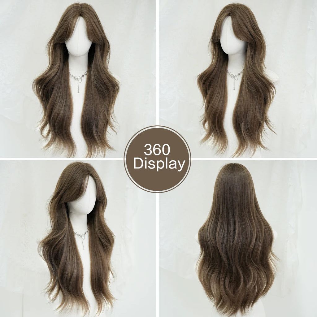 NAMM Long Wavy Light Brown Wigs For Women 30 Inch Curly Wave Wig With Natural Looking Synthetic Fiber Fashion Wig For Party Use