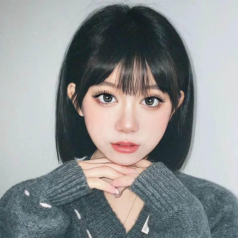 Punk style synthetic wig female short black hair air bangs high temperature silk synthetic fiber straight hair full head cover