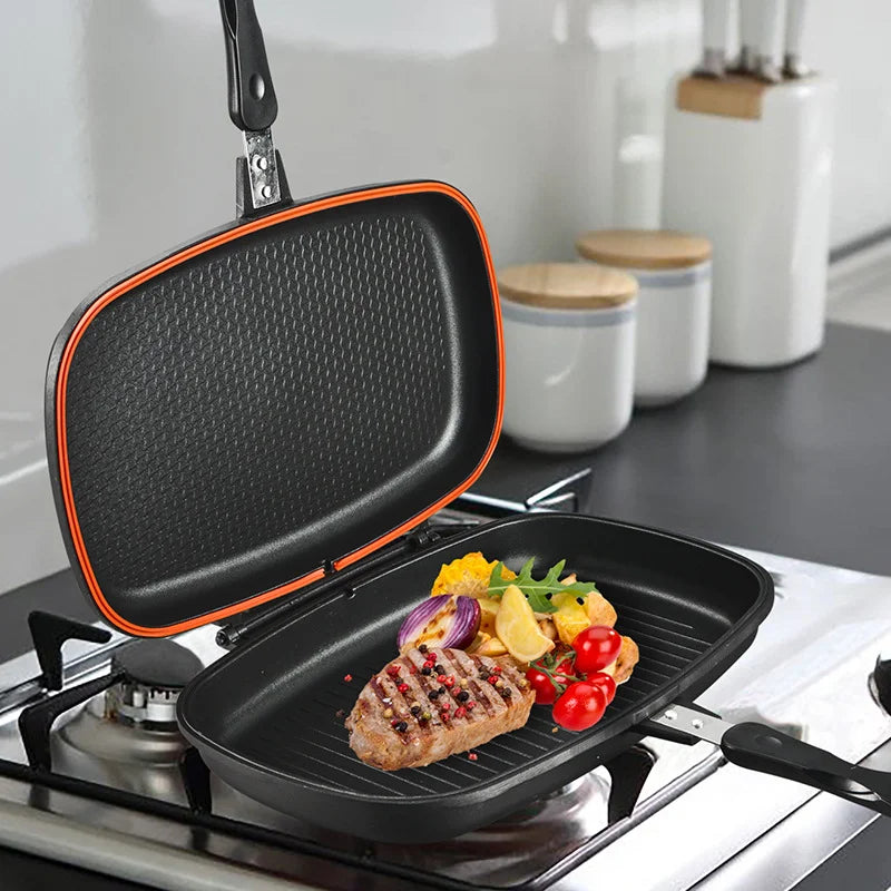 Nonstick Reversible Grill Pan Double-Sided Ribbed Flat BBQ Griddle Induction Gas Stove Compatible Indoor Outdoor Cookware
